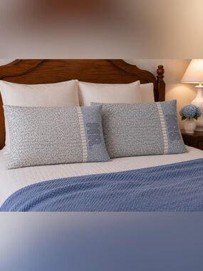 Mr Mrs appliquéd Classic Blue Floral Pillowcase set newlywed wedding Gift bridal